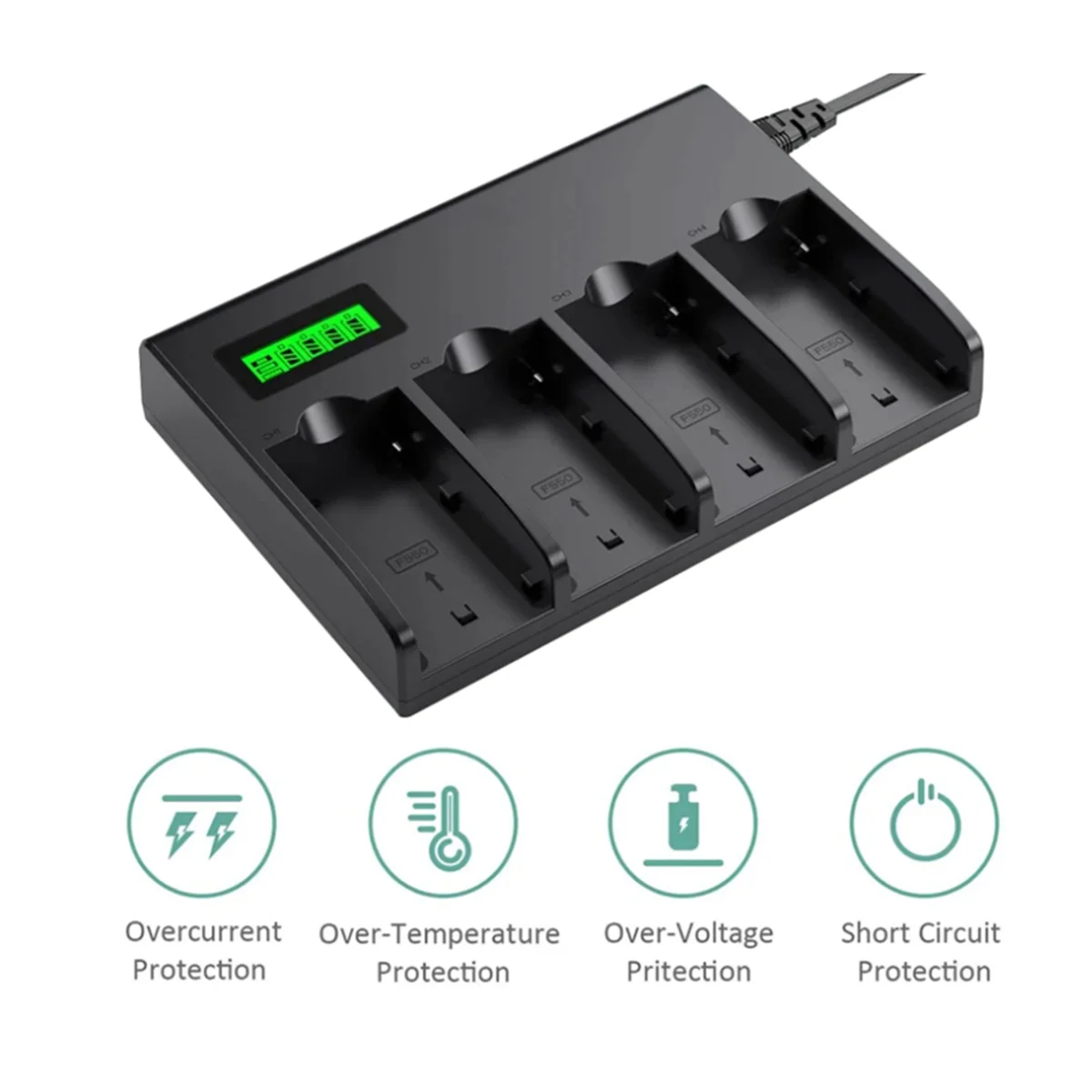 OIIRGO-4-Channel Battery Charger with LCD Display for Sony NP-F970, NP-F960, NP-F770, NP-F750, NP-F570 Camera Battery US Plug