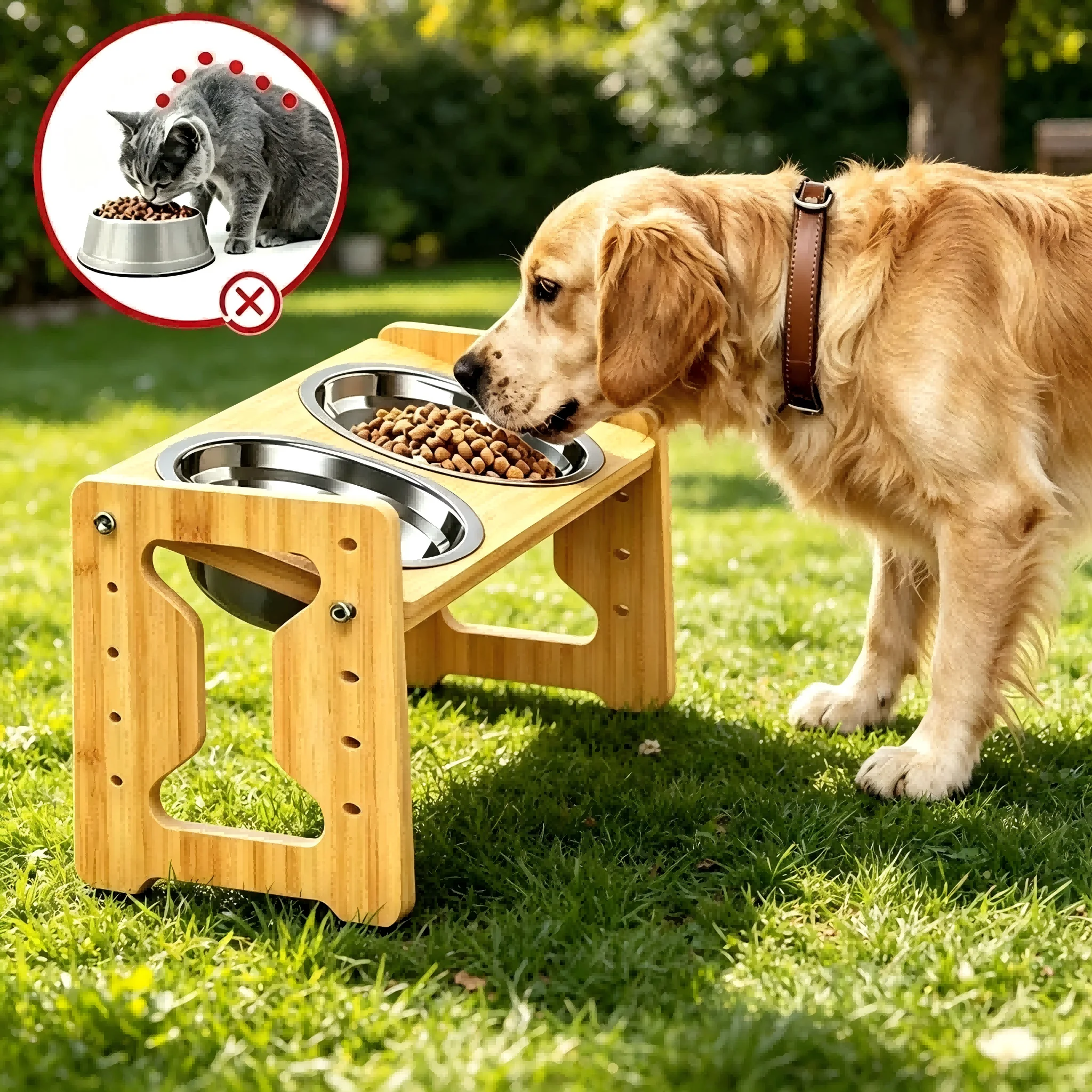 Wooden Elevated Dog Cat Feeder Stand Adjustable Raised Double Stainless Steel Bowls 15°Tilt Anti Slip Pet Food Water Bowl view 2