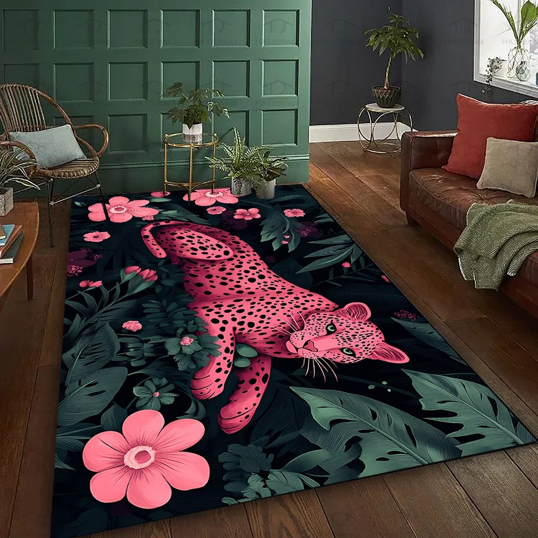 1pc Jungle Pink Leopard Flower Pattern Area Rug | Large Polyester Carpet, Suitable for Bedrooms, Study Rooms, Living Rooms, Ho
