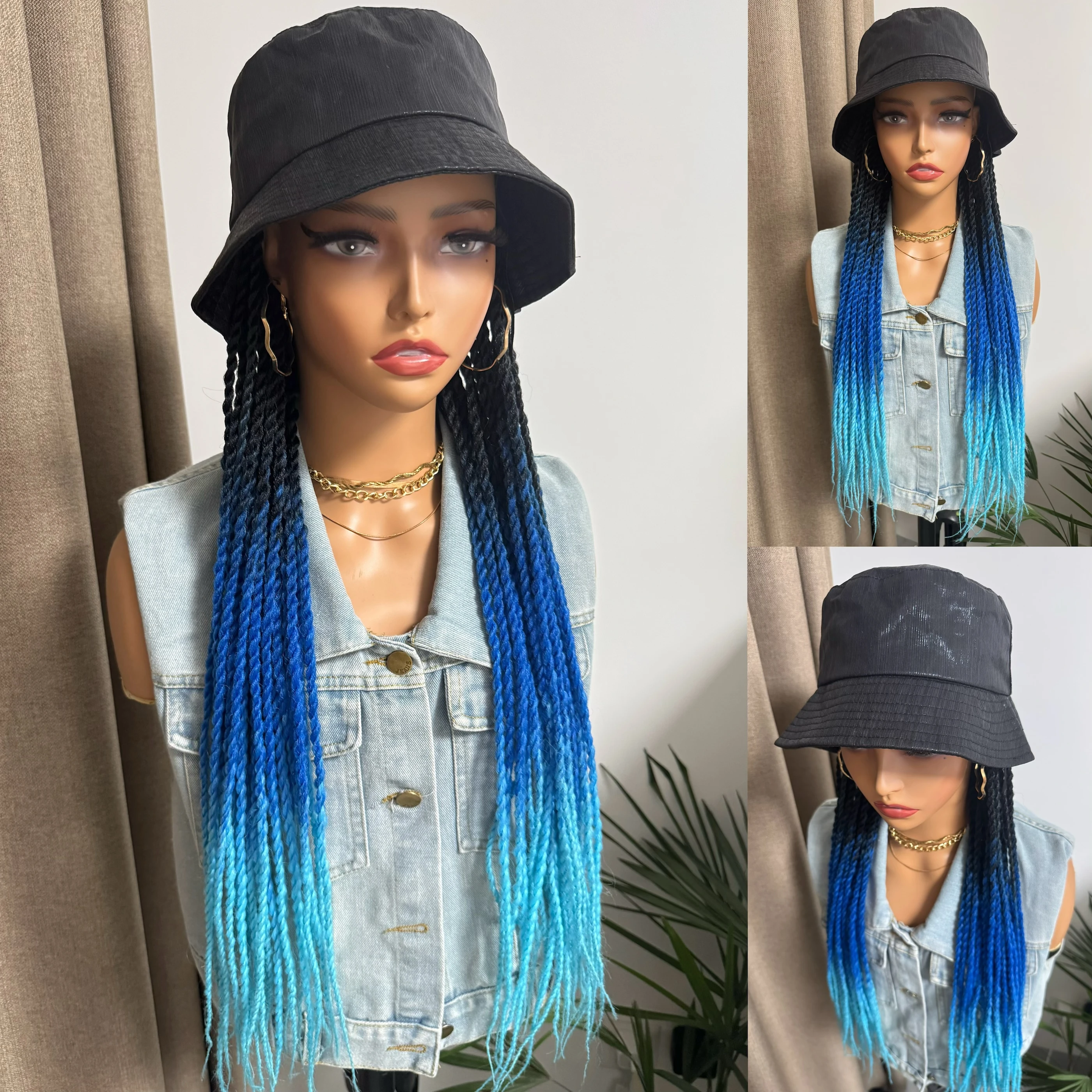 WIGERA Long 24inch Synthetic With Cap Fantasy Deep Light Blue Two-strand Spring Braids Hair Extensions Hat Wigs For Black Women