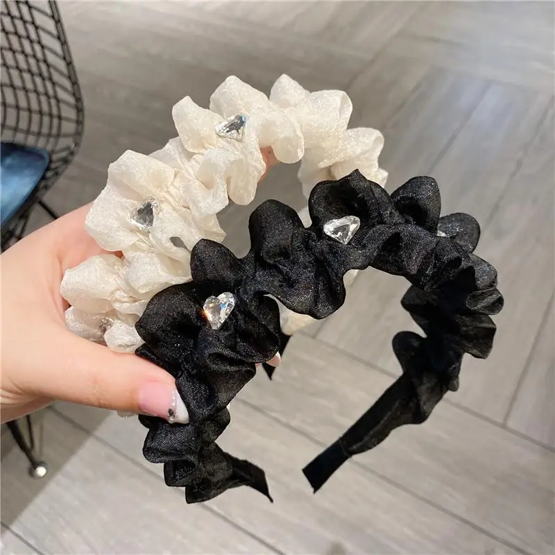 عصابة رأس شبكية مطوية - رباط شعر نسائي من حجر الراين اللامع، لون خالص ومتعدد الاستخدامات لغسل الوجه اليومي/الوجه