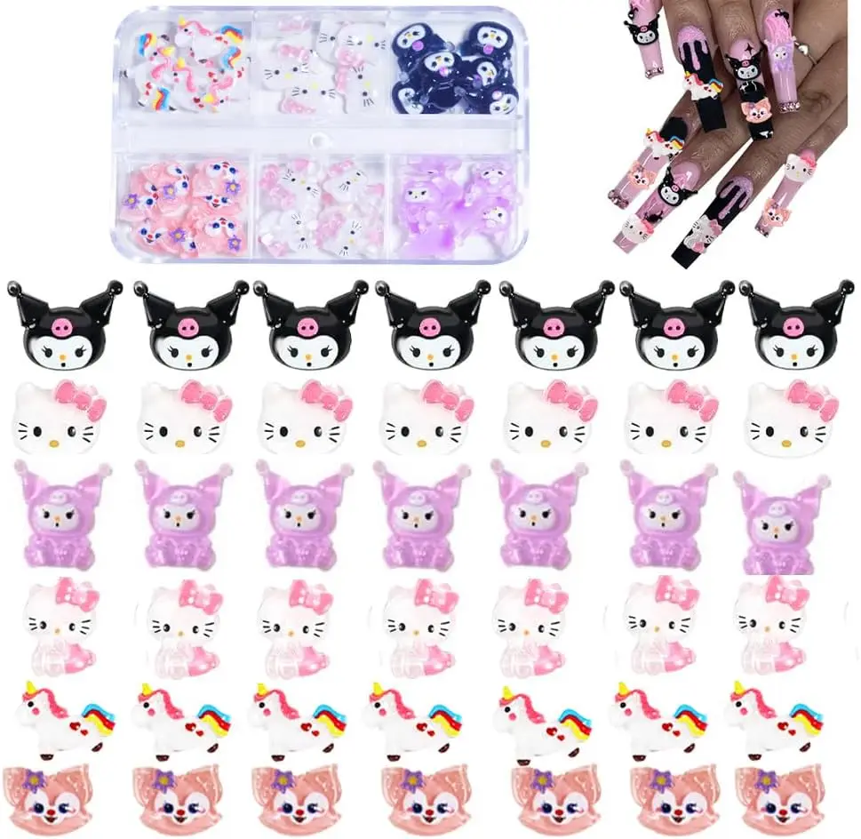 Dijes de Arte de uñas de gato de gatito 3D, decoraciones de uñas de unicornio Tembelle Kawaii de dibujos animados, arte de uñas, limo de uñas de resina, caballo arcoíris Helo