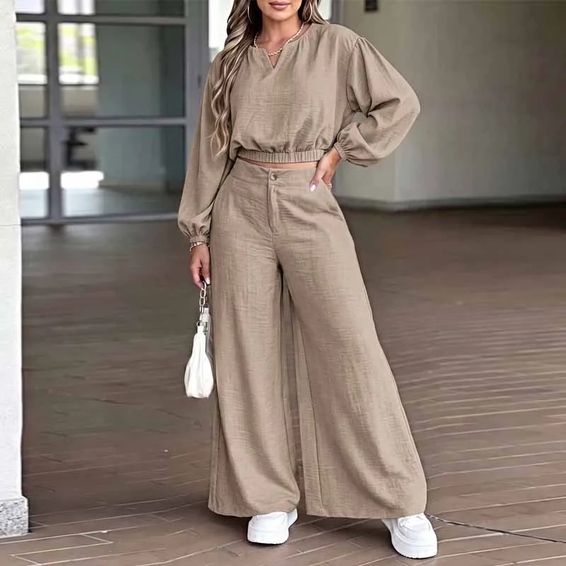 Two Piece Sets Womens Outifits Fashion Long Sleeve Pant Sets for Women O-Neck High Waist Wide-leg Women Pant Set 2026 Q6673