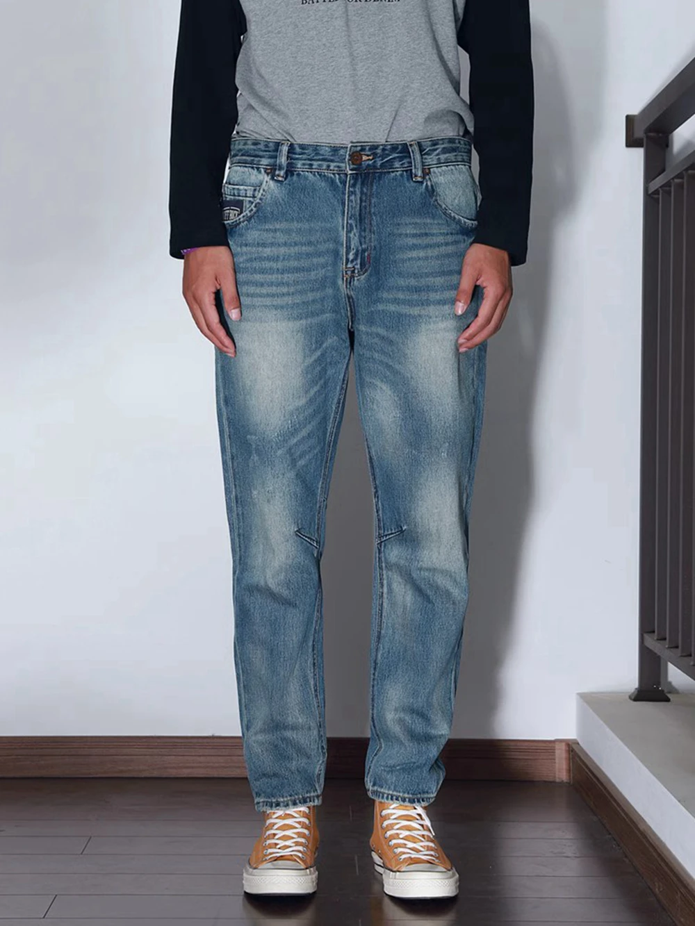 

Джинсы в американском стиле из плотного денима с 3D-кроем, в японском стиле Amekaji, ретро, выцветшие, повседневные, зауженные, со средней посадкой, на молнии