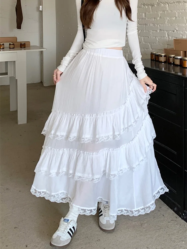 

Slergiri White Long Skirts Women 2024 Spring Summer Lace Layered High Elastic Waist Ruffled A-Line Skirt Female Y2k Streetwear