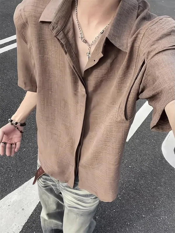 

Lightweight Sun Protection Men's Shirt Loose Fit Short Sleeve Linen Simulation Summer Deconstructed Design Sensation Button up