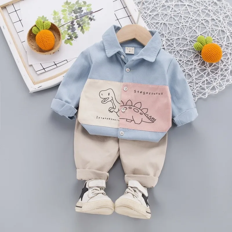 Boys 2Pcs Color Block Cartoon Dinosaur Print Lapel Button Shirt Elastic Waist Roll Cuff Casual Pants Kids Spring Outfit Set