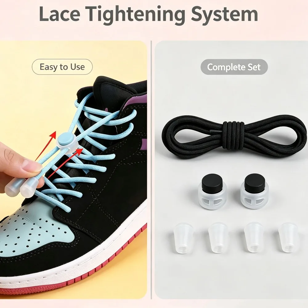 1 Pair Round Elastic No Tie Shoelaces Spring Quick Lock Buckle Easy Wear Laces for Adults Kid