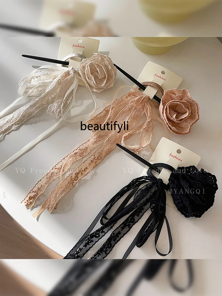 

New Chinese Rose Ribbon Ribbon Hair Band Clasp Ancient Style Hanfu Updo Hair Accessories Hair Accessories