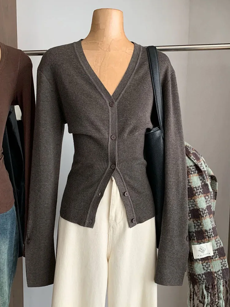 

French Elegant Vintage V-Neck Knitted Cardigan Women Brown Single Breasted Sweater Long Sleeve Jumper Streetwear Aesthetic