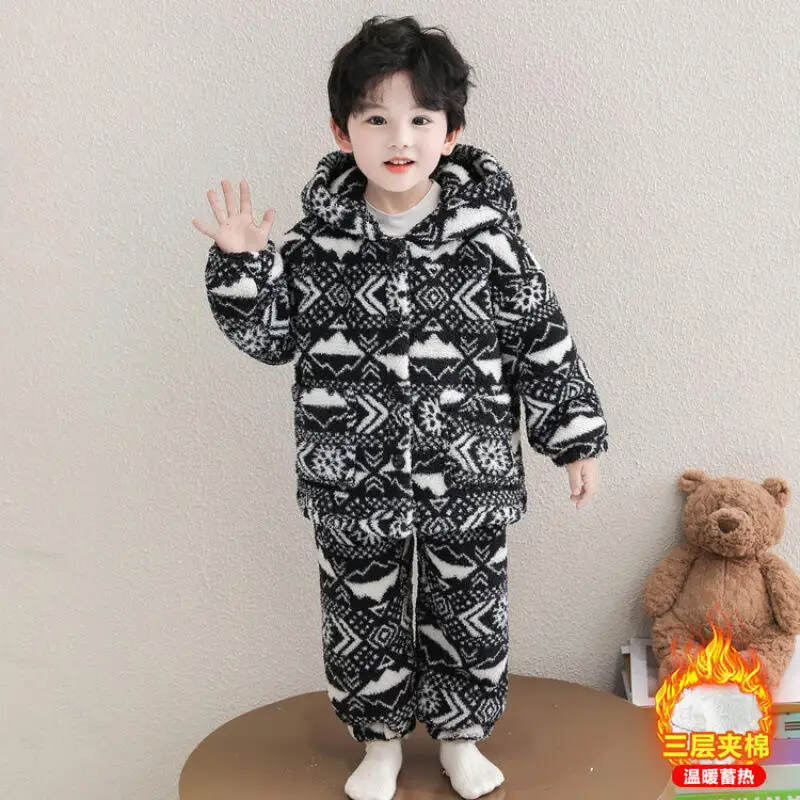 Winter Cotton-Padded Jacket Pants Two-Piece Set Boy Hoodie Tops Child Kawaii Fashion New Style Casual Homewear Pajamas Clothing