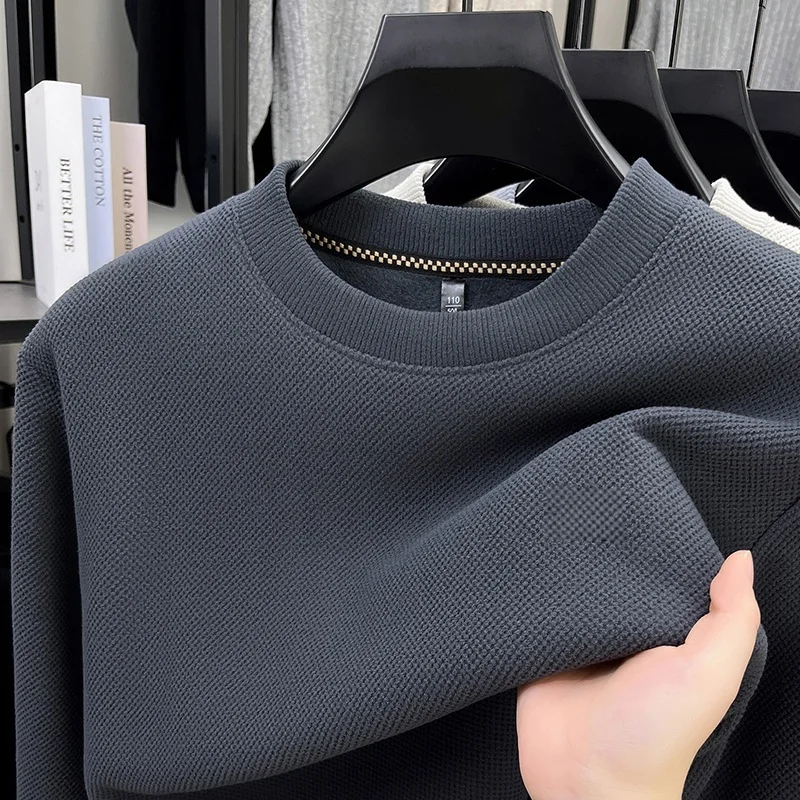 Herren-Waffelstrickpullover mit langen Ärmeln, Rundhalsausschnitt, Fleece-Innenfutter, dick, warm, lockere Passform, für den Alltag und das Büro. – Detail 12