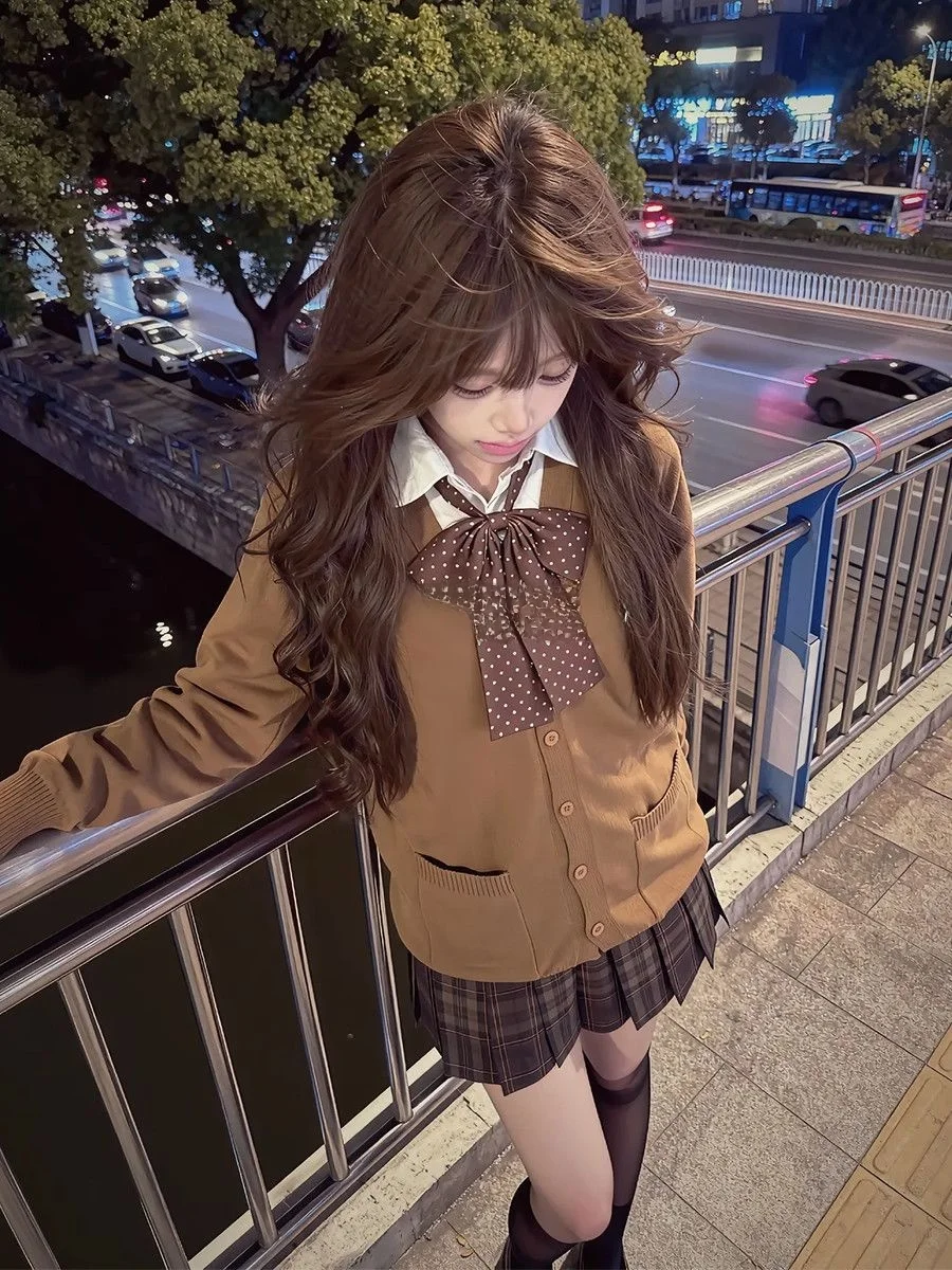 

Original Caramel Croissant Japanese Style JK Uniform Plaid Long Sleeve Knitted Cardigan Sweater Jacket Autumn Winter Set Wome...