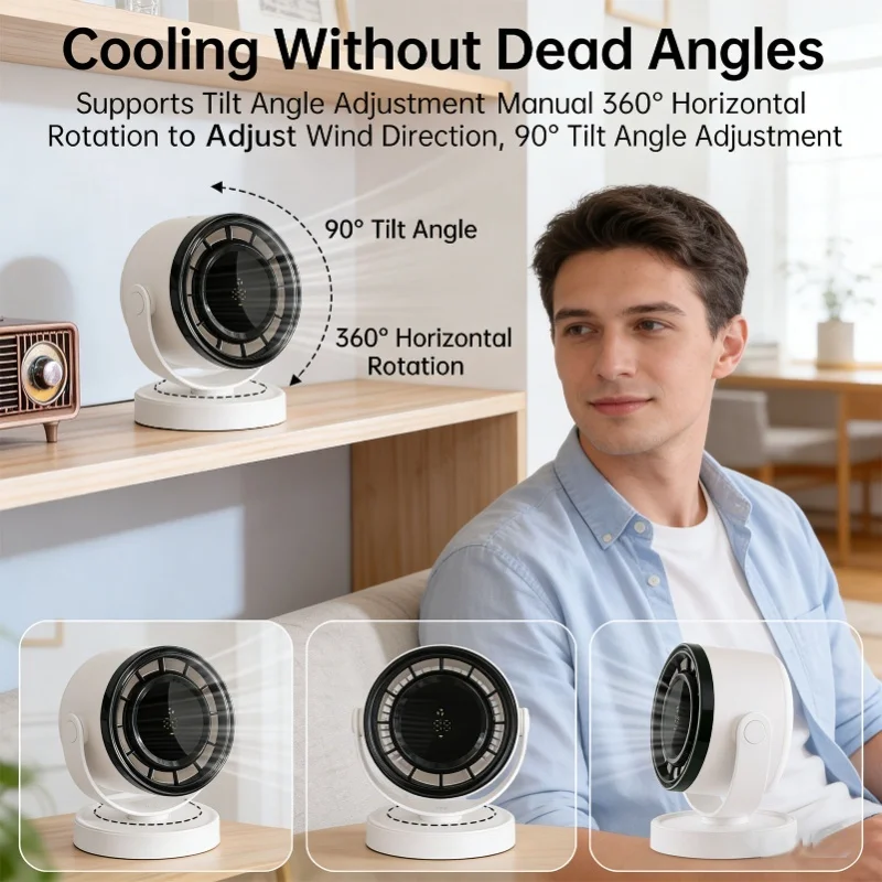 4 Speeds Cordless Table Fan Beige Rechargeable 360° Horizontal Rotation 320° Vertical Tilt Low Noise For Wall Countertop