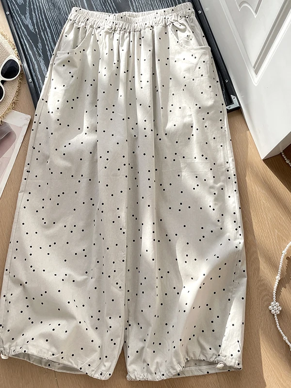 

Summer Casual Cotton Linen Loose Elastic Waist Women's Polka Dot Wide Leg Pants Draped Slimming Loose Fit Straight Leg Trousers