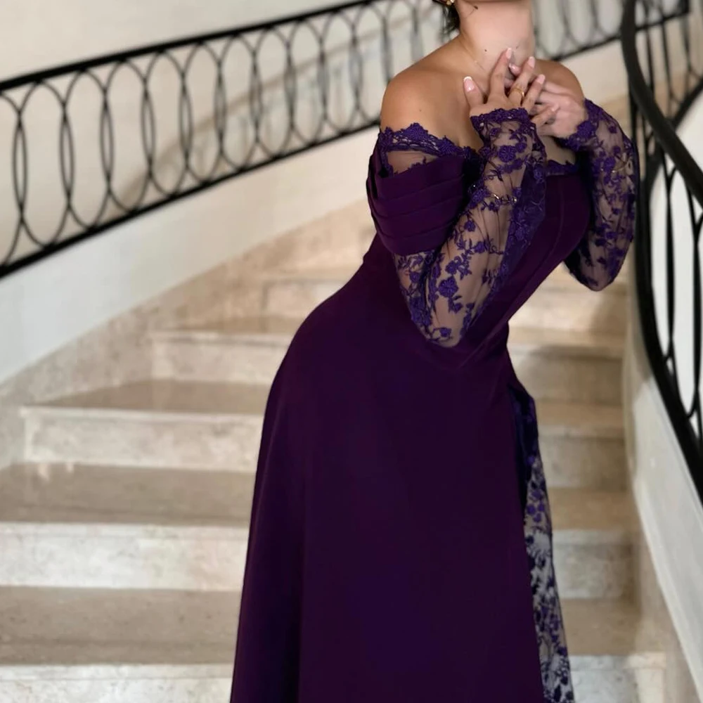 Customized Classic Boat Neck Off the Shoulder Long Sleeves Jersey Evening Dress Graceful Lace Pleats Photo Color Party Gown image 3