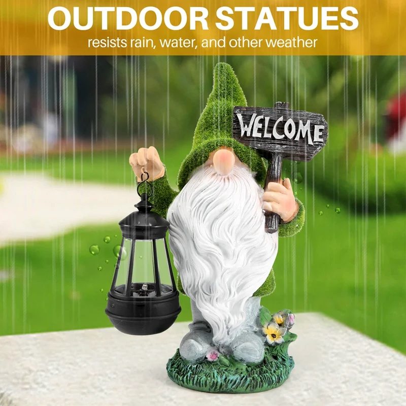 MCGS-Flocking Gnome Solar Garden Statues Outdoor Decor Flocked Gnome With Solar Lantern Figurine Dwarfs Jardim Yard Ornaments