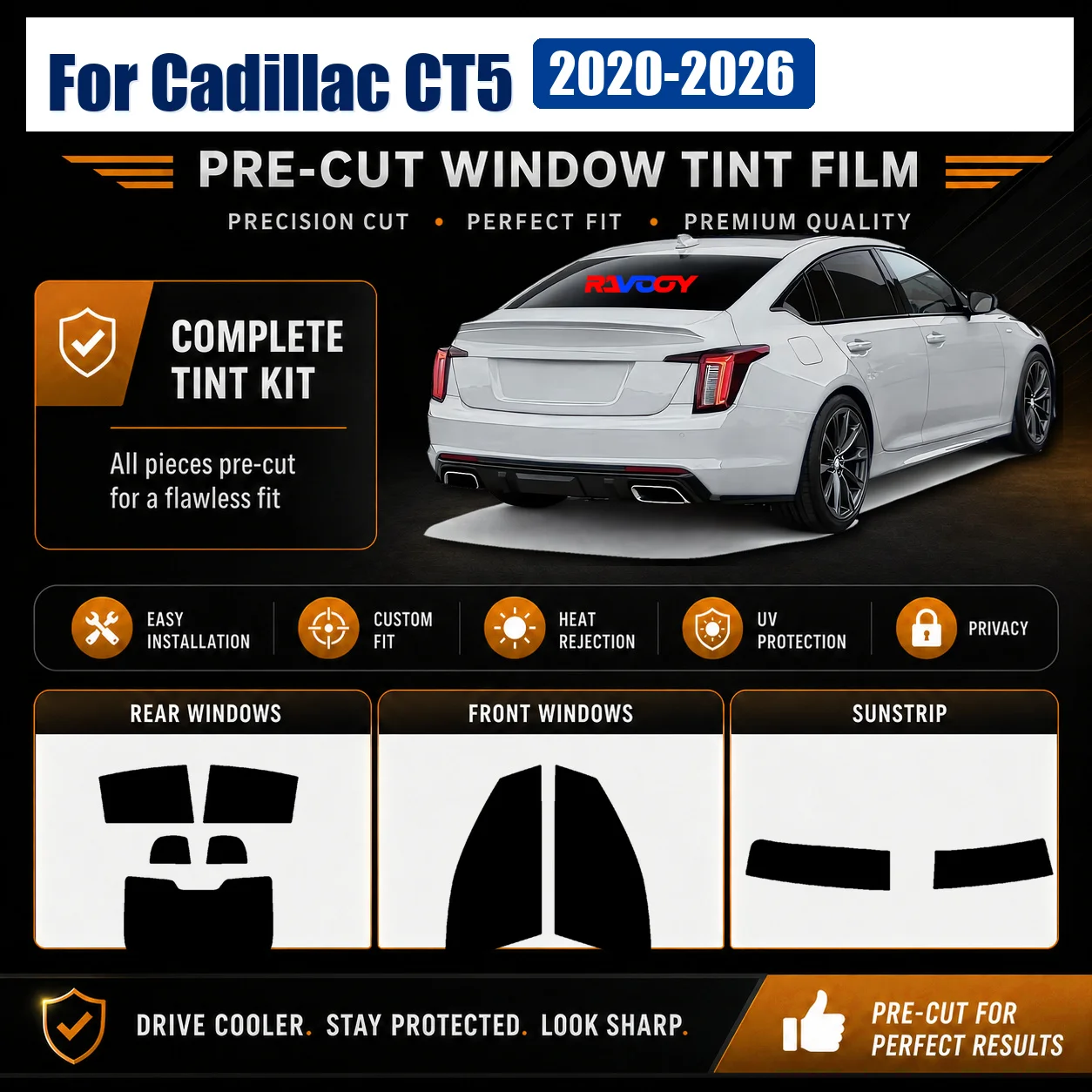 For Cadillac CT5 2020-2026 Privacy Tint Film Tailored Complete Window Heat & UV Blocking