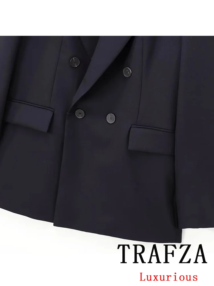 TRAFZA Vintage Office Lady Black Solid Suit Single Breasted V Neck Pockets Blazer Straight Loose Pants Fashion 2024 Autumn Sets