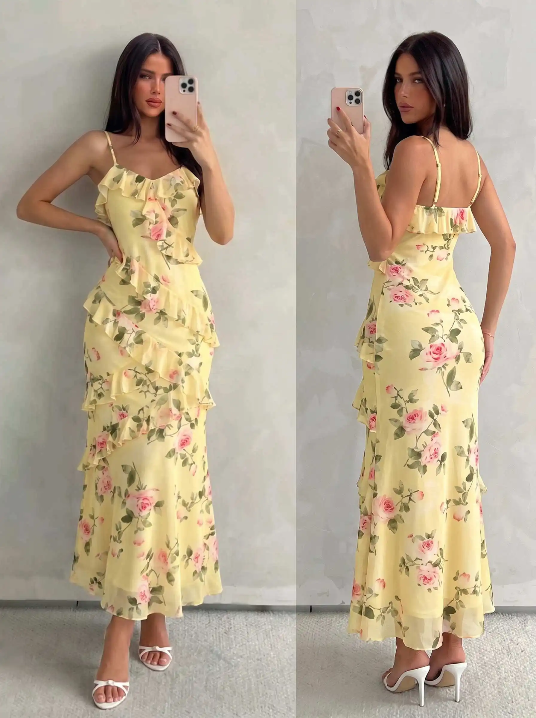 Damen Aquarell-Rosen-Print Cami-Kleid mit Rüschen, Chiffon-Midikleid, Spaghettiträger, fließendes Kleid für Urlaub, Strandparty, Ferien – Detail 3