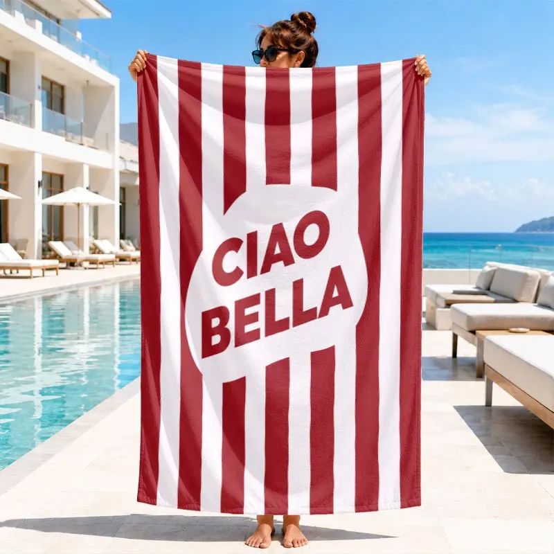 Red White Vertical Stripe Ciao Bella Letter Printed Beach Towel Quick Dry Sand Resistant Absorbent Towel For Pool Swimming