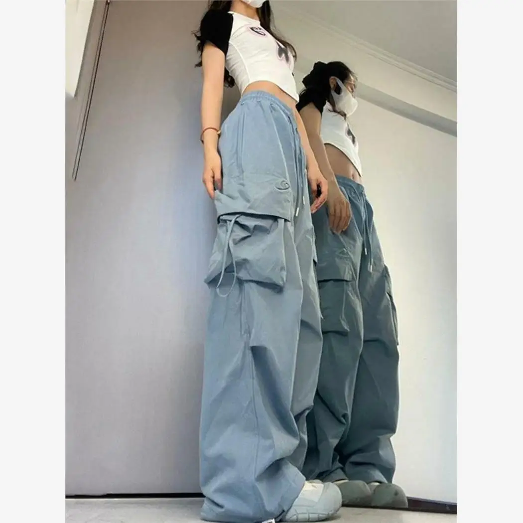 여성 캐주얼 하이 웨이스트 와이드 레그 팬츠 편안한 긴 바지 패셔너블한 케트 디테일 폴리에스테르 혼방 여름 2023