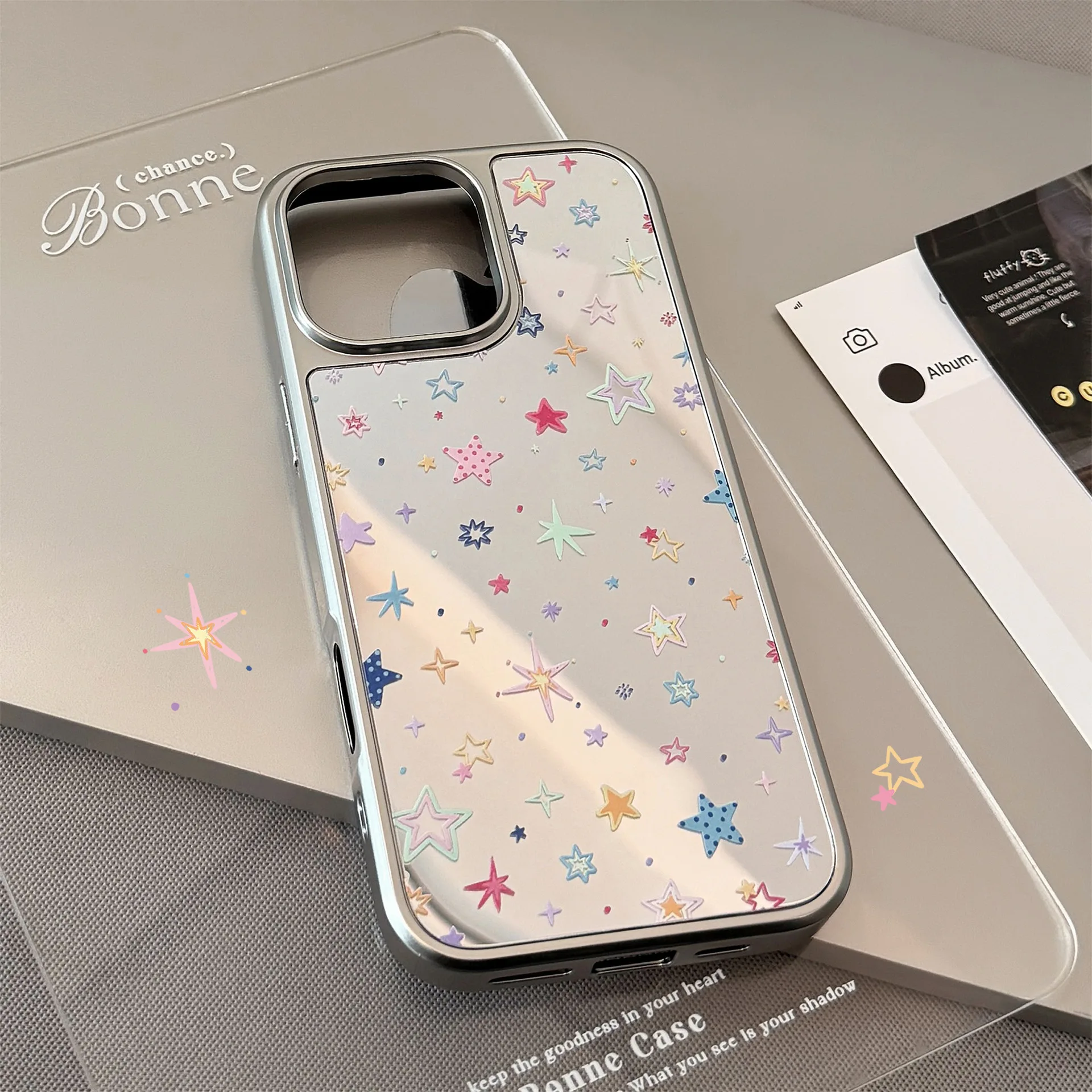 Luxury Colorful Stars Pattern MakeUp Mirror Phone Case For iPhone 17 Air 16 15 14 13 12 Pro Max Shockproof Protetcive Hard Cover