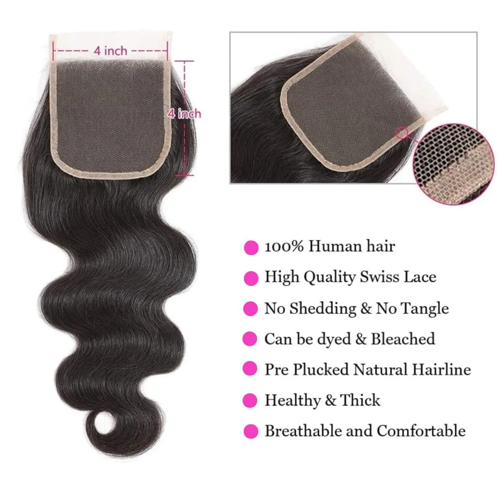 Extensiones de cabello humano ondulado para mujer, mechones con cierre Frontal de encaje 4x4, Color negro Natural, 100% cabello humano, 3 paquetes