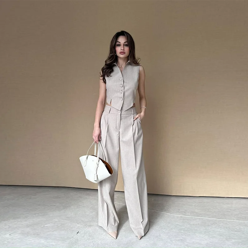 Tesco Women's 2 piece Pants sets Single Breast Stripe Vest Pleated Pants Set Summer Elegant Women's Suit Set Casual Outfit