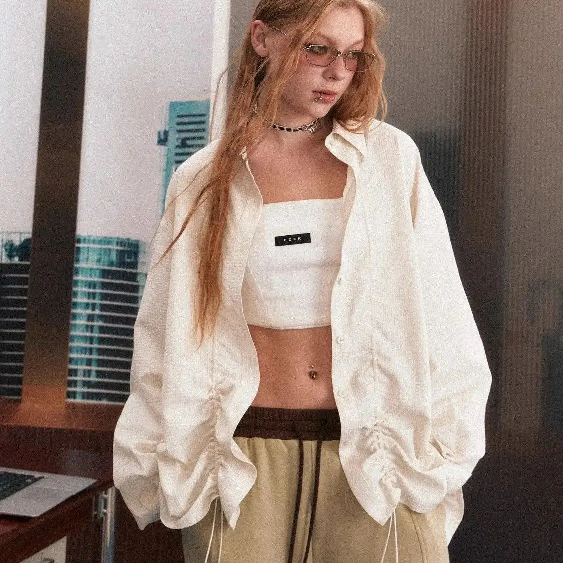 American Retro Drawstring Pleated Long-Sleeved Shirt Loose Casual Spring Autumn Women'S Jacket Design Niche Shirt Top