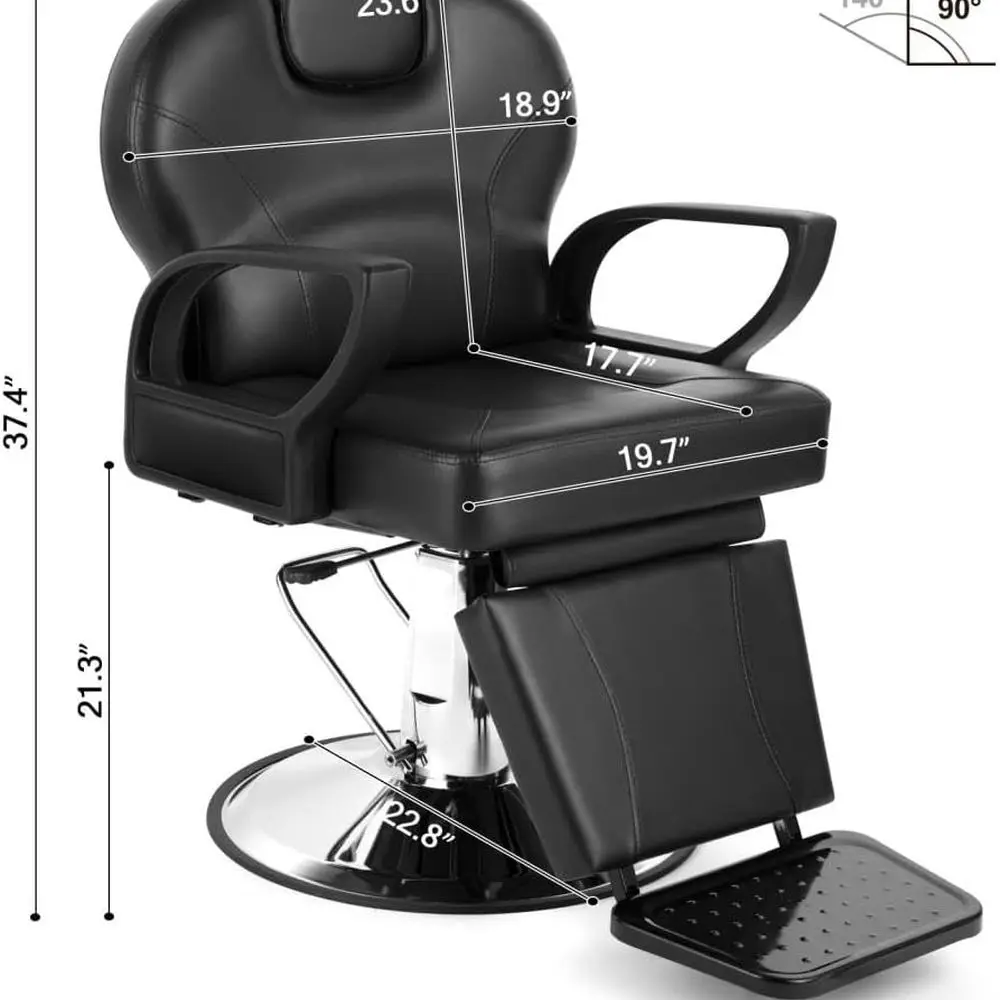 Cadeira de salão reclinável ergonômica com altura e encosto de cabeça ajustáveis, confortável e durável para cabeleireiros, preta