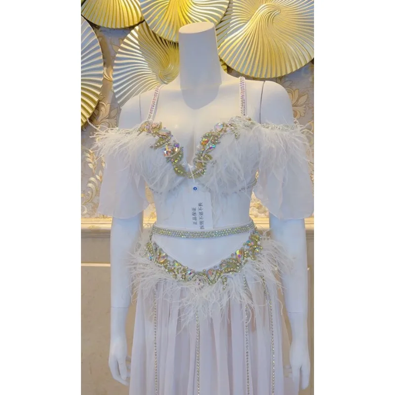 Vestido de dança moderno personalizado, novos trajes de dança do ventre, saia grande de balanço, conjunto de competição de performance, sutiã branco, saia ans