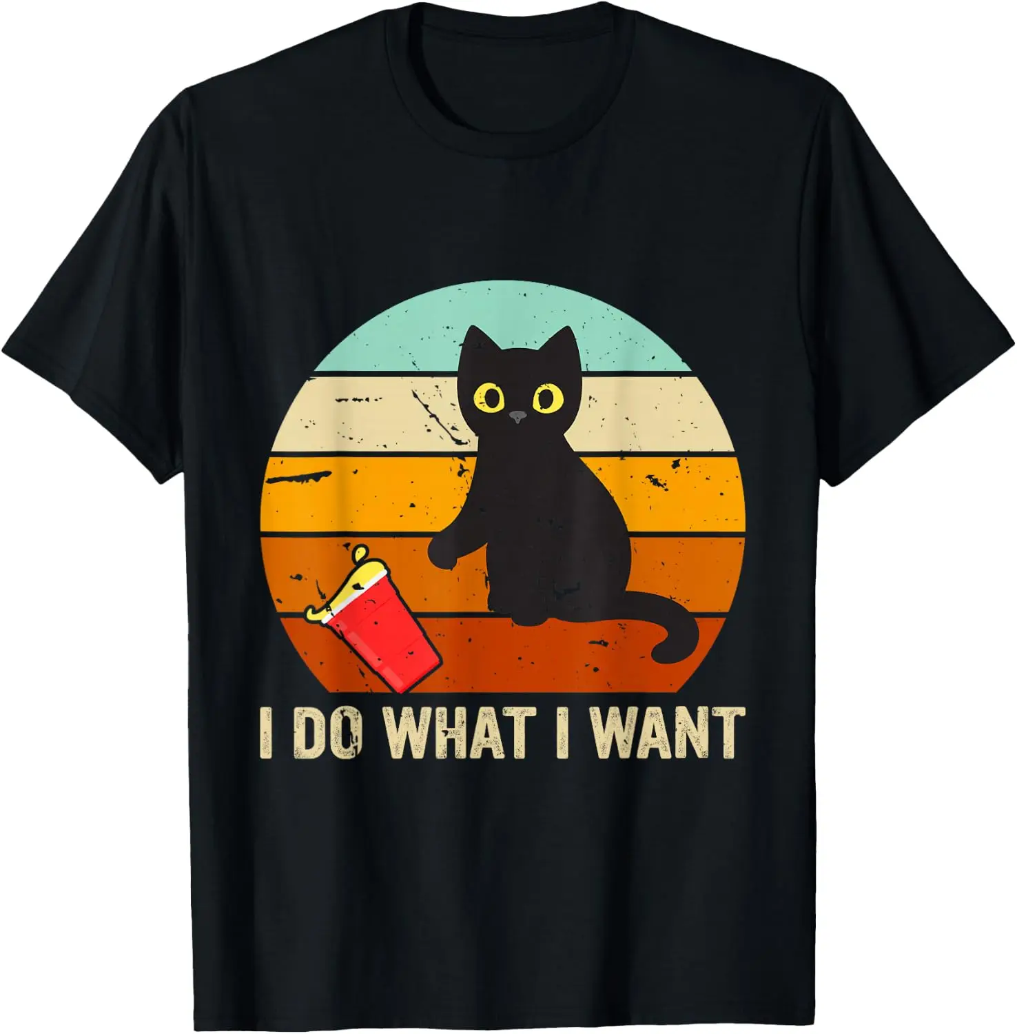 Casual Black Cat Holding a Red Coffee Cup Fun Print T-Shirt