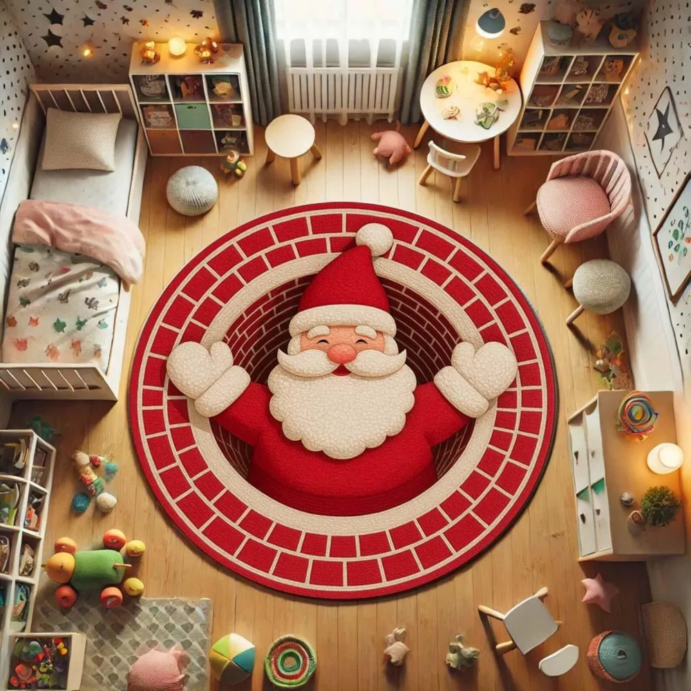 3D Optical Illusion Santa Claus Round Rug Chimney Red Christmas Holiday Floor Area Carpet for Living Room Bedroom Decor