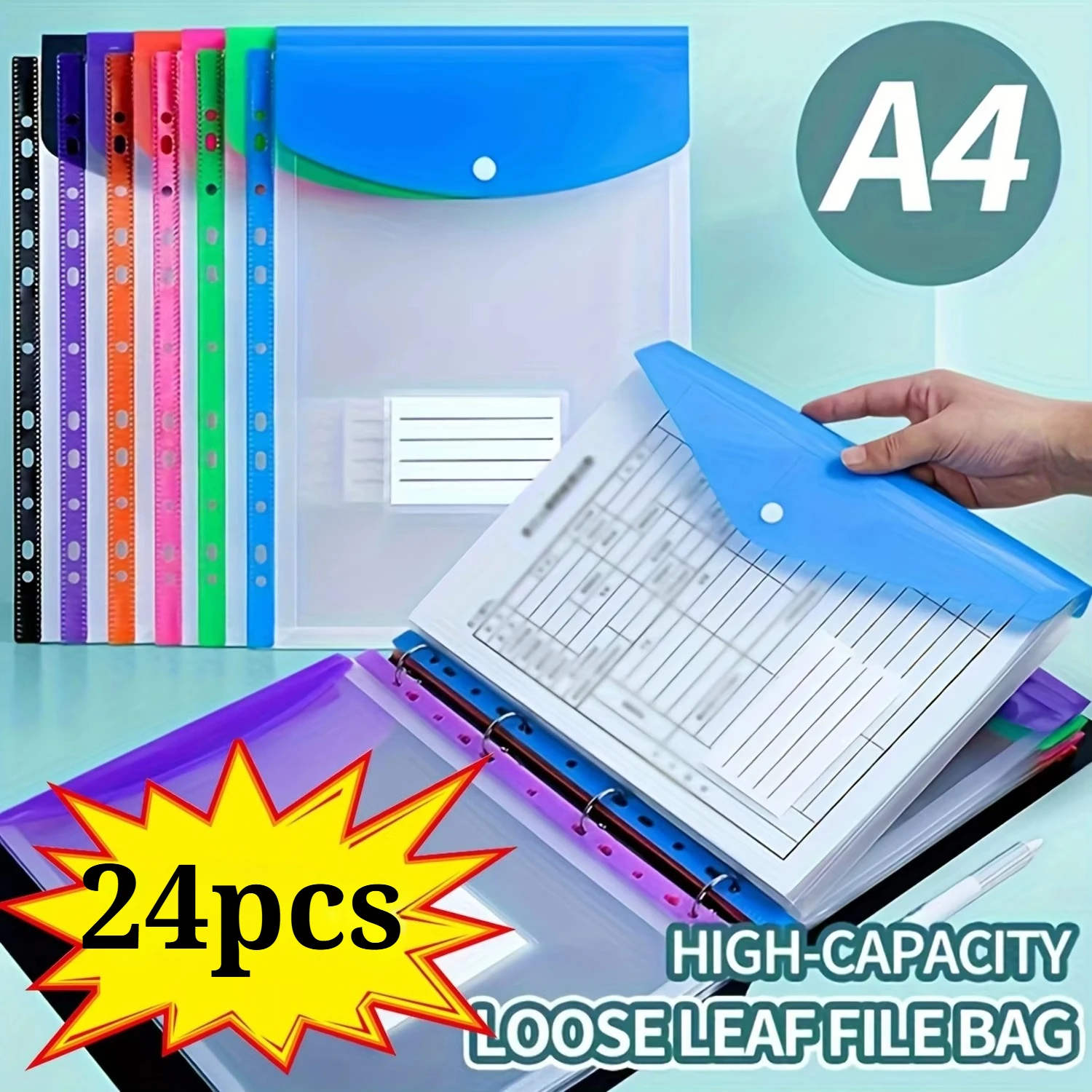 24pcs A4 Expanding File Folders with Push-Button 11-Ring Binder Pockets - PP Plastic Document Organizer with Locking Mechanism