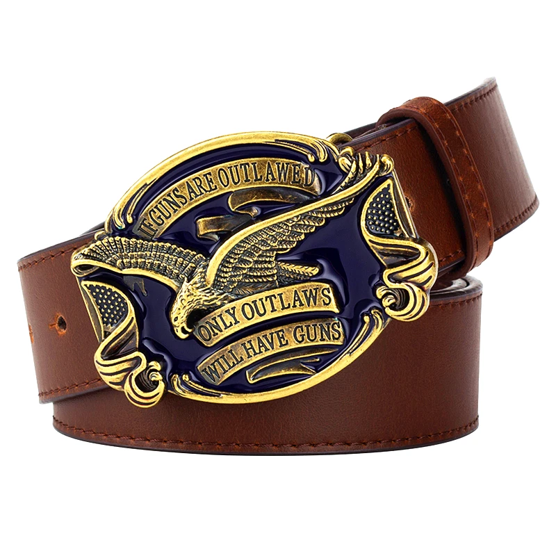 Fashion Men Jeans Belt Golden Eagle US Gun Law Flag Hawk American Emblem Have Guns Letter Buckle Cowboy Waistband