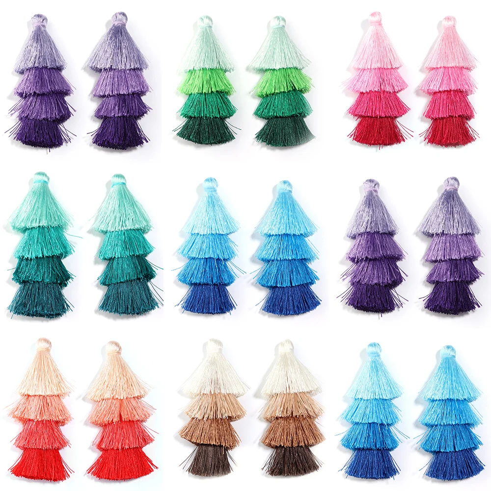 4 Stück/Set 8cm lange Polyester-Quasten, bunte vierlagige Quasten-Anhänger für Schmuckherstellung, DIY-Ohrringe, Schlüsselanhänger, Taschen-Dekoration – Detail 2
