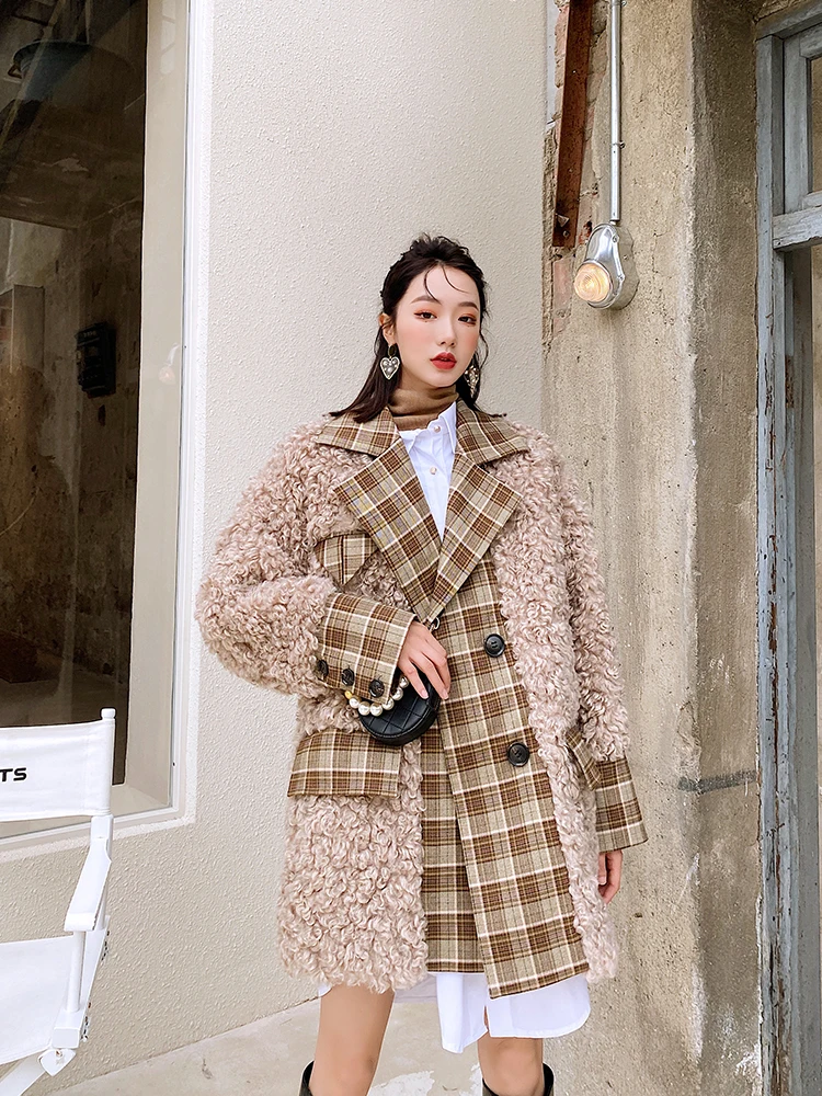 

Женский зимний жилет из овечьей шерсти в корейском стиле, свободный, ретро, с клетчатыми вставками, кожаный меховой жилет, зимнее пальто-костюм с длинными рукавами