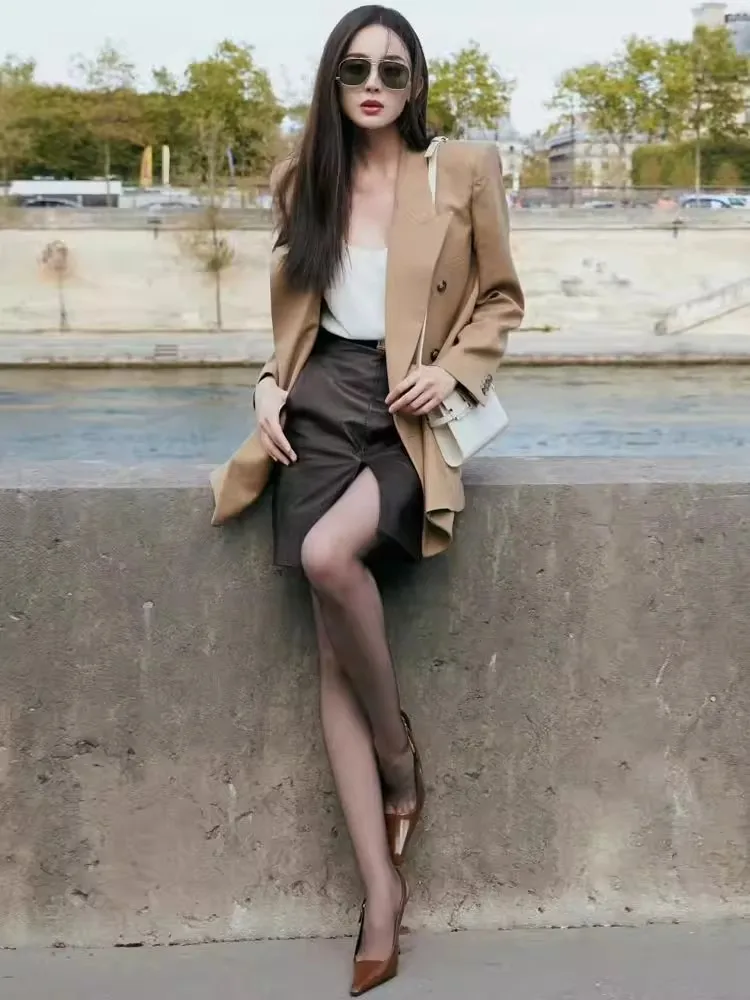 

EXJR Gulaniza Spring Autumn Khaki Commuter Suit Jacket High Design Sense Elegance Women's Long Sleeve Mid-Length Single Button