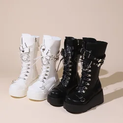 Ladies Platform Boots Fashion Chain Punk Goth Wedges 8cm High Heels Women's Boots Party Street Cosplay Woman Shoes Bota Feminina