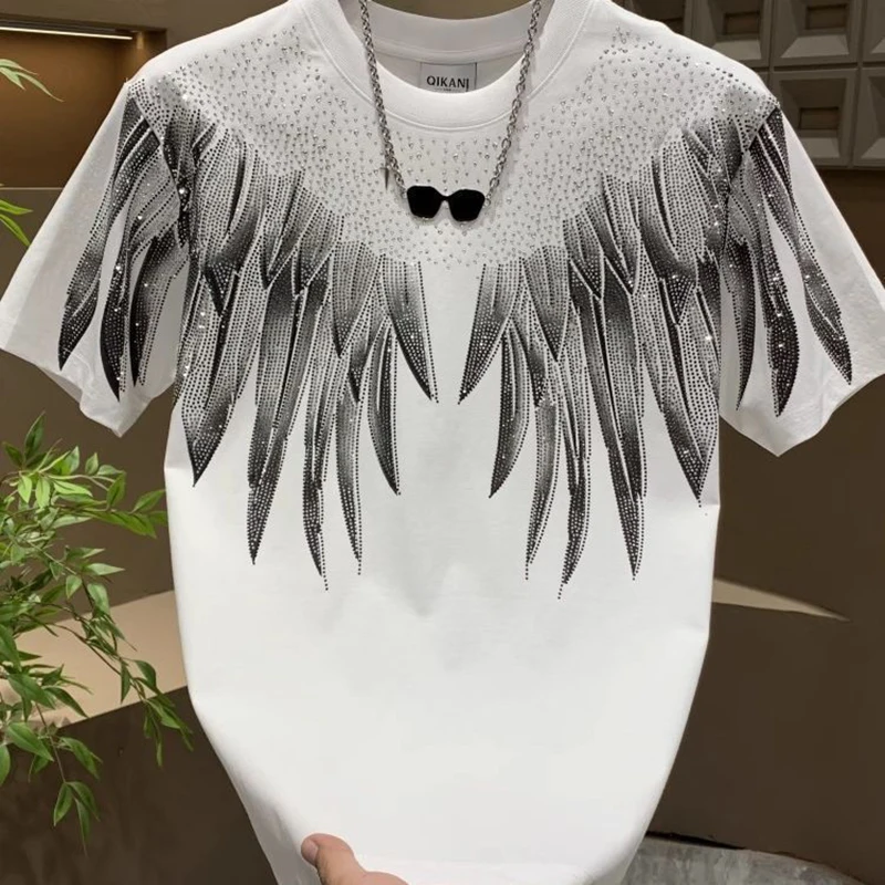 

Shiny Rhinestone Wing Men O Neck Short Sleeve T Shirts Summer Street Fashion Punk All-match 2xl Oversized Tops Black White Red