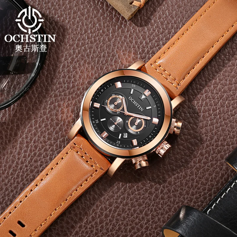 OCHSTIN ساعات حركة كوارتز للرجال ساعة يد بحزام جلدي مقاومة للماء رائجة البيع سلسلة الملاح ساعة التقويم للذكور #3