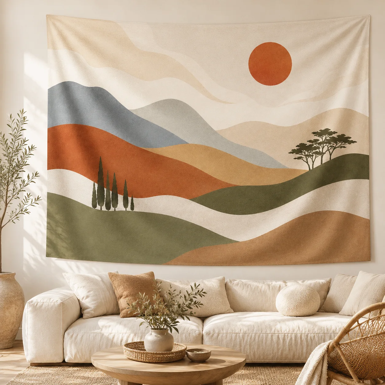 Abstract Sun Mountain Wall Tapestry Neutral Earth Tone Tree Boho Wall Hanging Bedroom Home Decor Gift