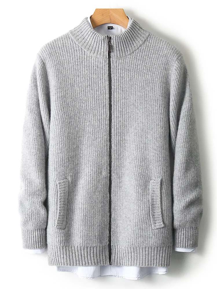 

Autumn Winter New 100% Wool Knitwear Men's Mock Neck Cardigan Sweater Zipper Cashmere Coat Smart Casual Thick Warm Knit Sweater