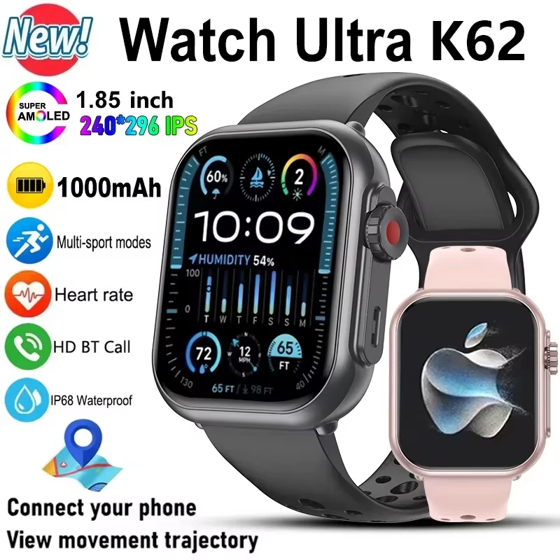 

Смарт-часы для IOS и Android Watch Ultra 2 K62, для мужчин и женщин, 1000 мАч, AMOLED, измерение пульса, 100+ видов спорта, Bluetooth-звонки, GPS-трекинг, водонепроницаемые