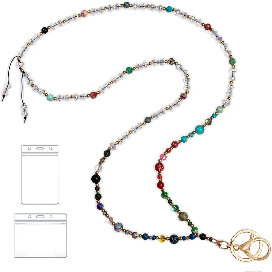 

Ремешок для бейджей и ключей из натурального камня, ремешок из бисера, ремешок для учителя, держатель для бейджа со шнурком, ремешок для ключей для женщин