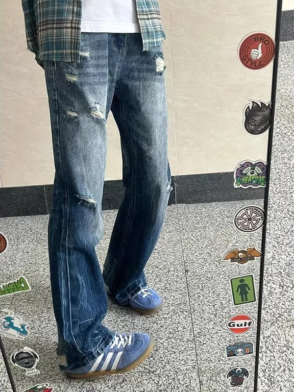 

Мужские повседневные джинсы прямого кроя больших размеров (до 136 кг) с узором «Молния» и прорезями, осенние, в стиле High Street, слегка расклешенные, длинные