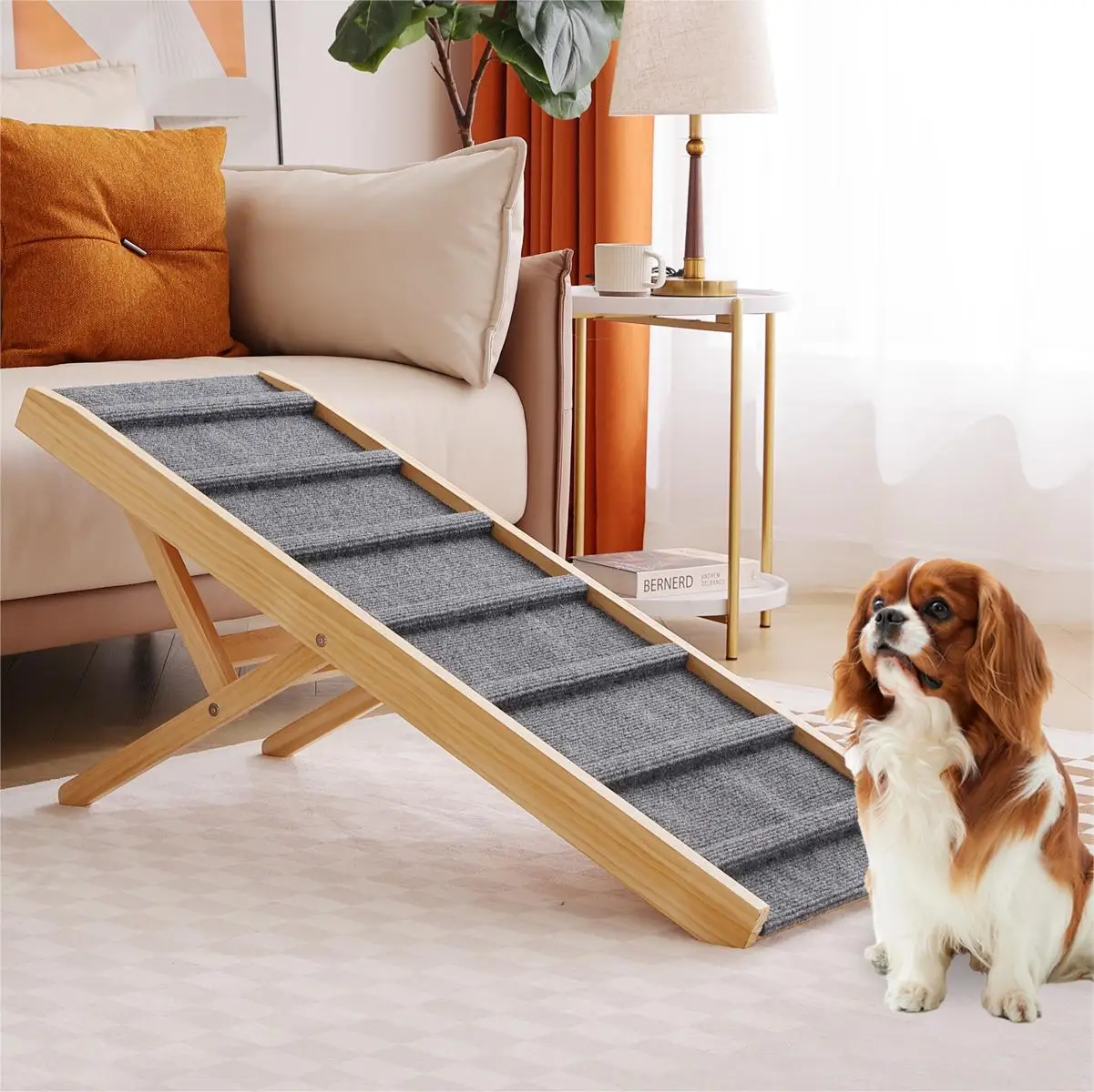 Dog Cat Stairs Non-Slip Long Portable Paw Adjustable Height Pet Dog Ramp with Leather