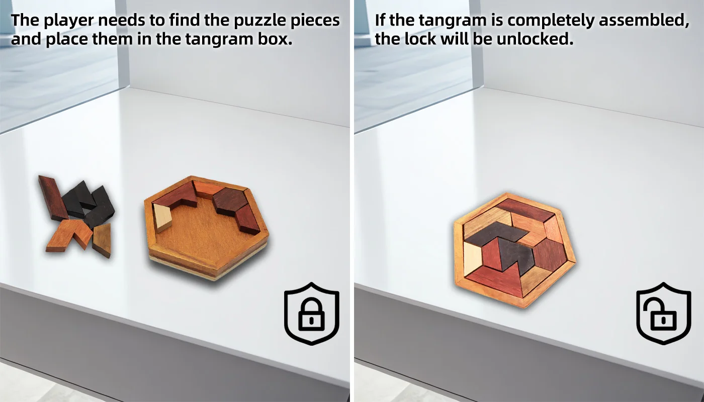 Mysteriöses Studio-Escape-Room-Requisit, Escape-Room-Spiel, Puzzle-Requisiten, hölzerne Tangram-Puzzles 1987 – Detail 2