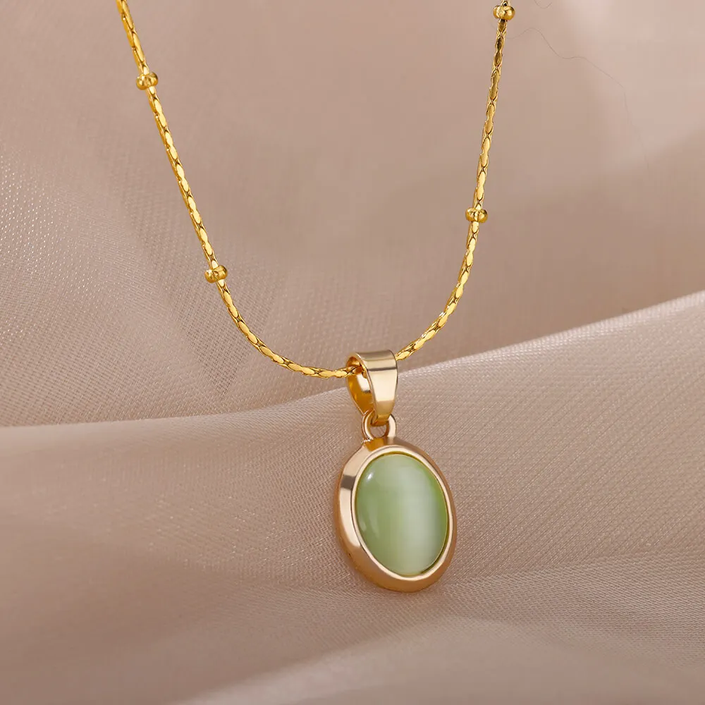 Fashion Oval Opal Pendant Necklace Stainless Steel Chain 18 K Gold Color Cute Lucky Jewelry For Women Accesorios Birthday Gift